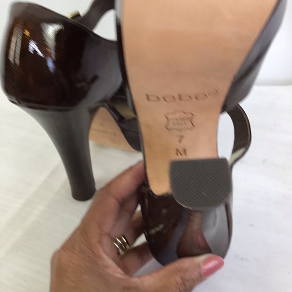 BEBE WOMEN ELEGANT DEEP BURGUNDY PATENT LEATHER PEEP TOE ANKLE STRAP SHOES SZ 7 - Picture 7 of 7